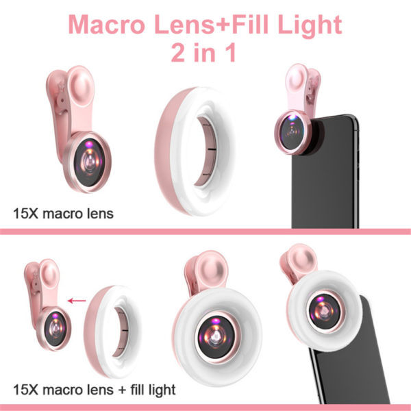 Objectif Macro 15X téléphone portable objectif de caméra HD avec anneau LED Flash lumière Smartphone Selfie Live lampe lumière de remplissage – Image 5