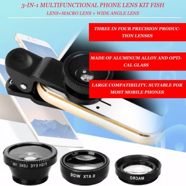 Objectif Macro Fisheye grand Angle 3 en 1, Kits pour caméra, téléphone portable, objectifs oeil de poisson avec Clip 0,67x pour iPhone Samsung tous les téléphones portables – Image 3
