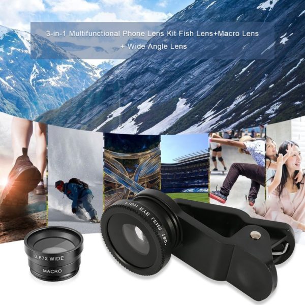 Objectif Macro Fisheye grand Angle 3 en 1, Kits pour caméra, téléphone portable, objectifs oeil de poisson avec Clip 0,67x pour iPhone Samsung tous les téléphones portables – Image 4