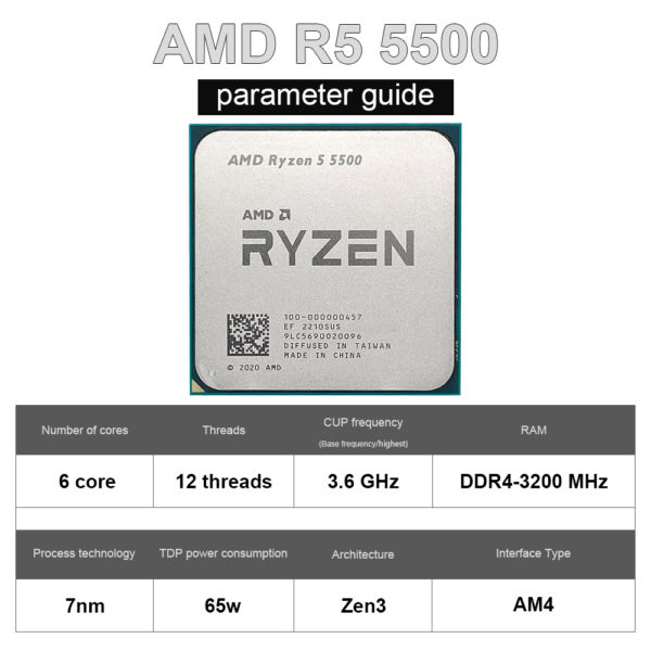 Processeur AMD Ryzen 5 5500 R5 5500 3 6GHz 6 c urs 12 threads L3 16 4