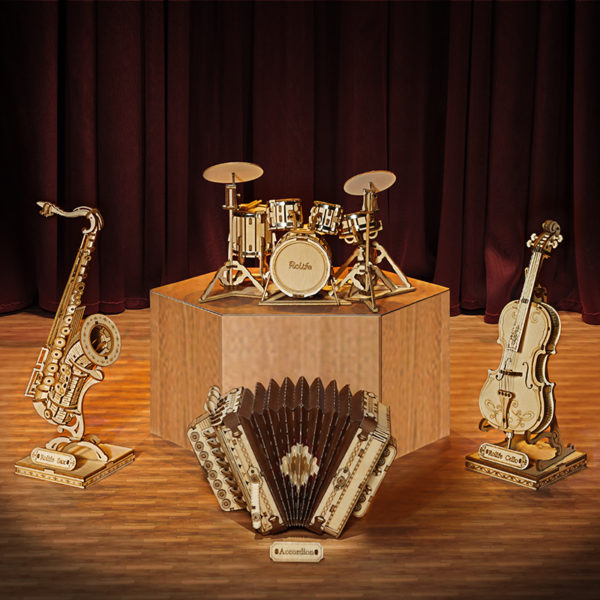 Robotime Stem Puzzle en bois 3D Instrument de musique assemblage Saxophone Kit de batterie accord on 5