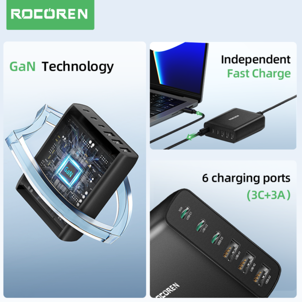 Rocoren chargeur GaN 100W 6 Ports USB Type C PD Charge rapide 4 0 3 0 1