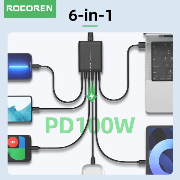 Rocoren chargeur GaN 100W 6 Ports USB Type C PD Charge rapide 4 0 3 0 2