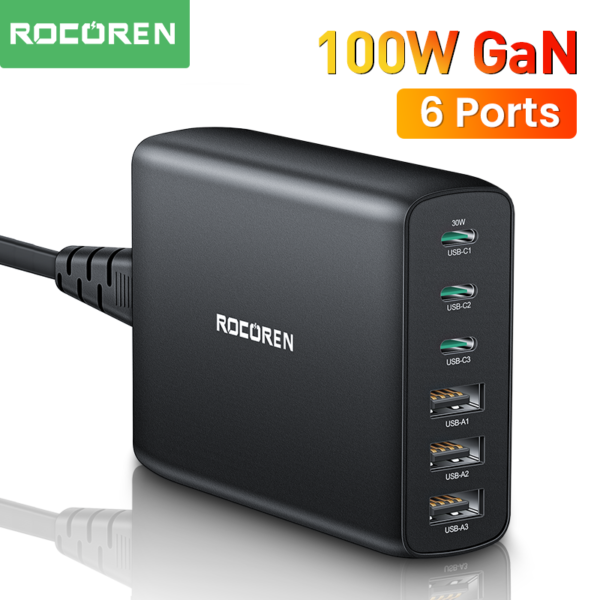 Rocoren chargeur GaN 100W 6 Ports USB Type C PD Charge rapide 4 0 3 0