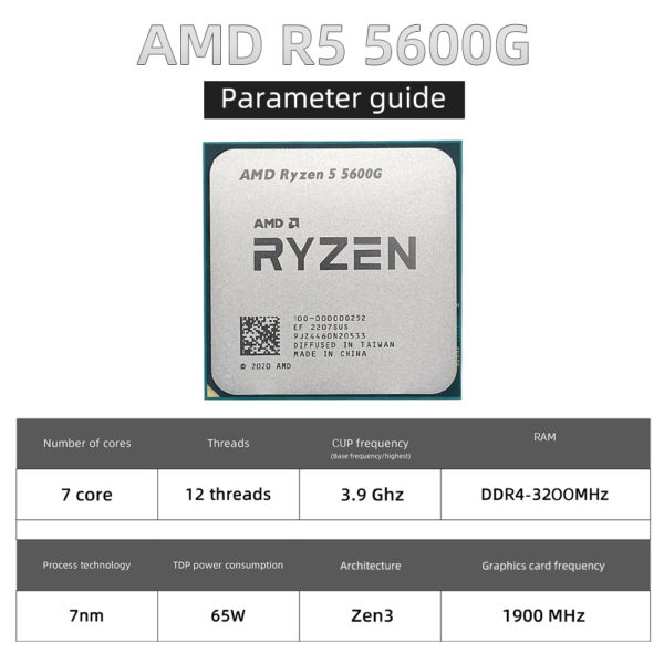 Utilisé AMD Ryzen 5 5600G R5 5600G 3.9GHz à Six Cœurs Douze Fils 65W Processeur L3 = 16M 100-000000252 Prise AM4 PAS de VENTILATEUR – Image 5