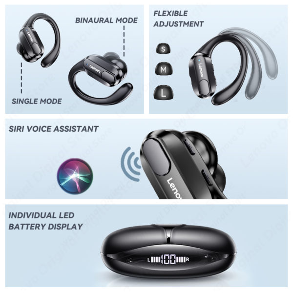 Écouteurs sans fil Lenovo XT80 Bluetooth 5.3, véritables écouteurs avec bouton micro, contrôle, réduction du bruit, crochets d'oreille, casque étanche – Image 5