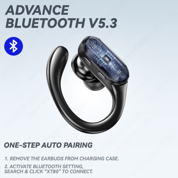 Écouteurs sans fil Lenovo XT80 Bluetooth 5.3, véritables écouteurs avec bouton micro, contrôle, réduction du bruit, crochets d'oreille, casque étanche – Image 2