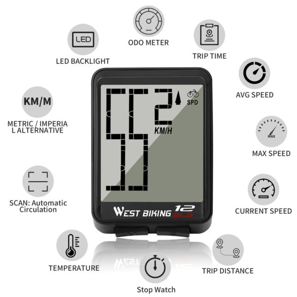 WEST BIKING – compteur de vélo filaire sans fil, rétro-éclairé, compteur de vitesse, odomètre, étanche à la pluie, chronomètre, ordinateur de vélo de route et vtt – Image 4